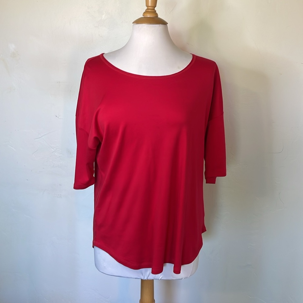 Lands' End Sz XL Modal Cotten Blend Elbow Red Sleeve Scoop Neck Curved Hem Top